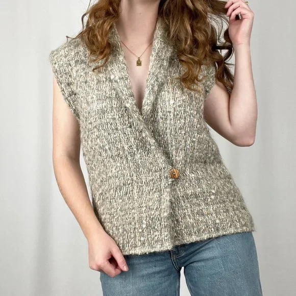 Vintage Hand Woven Wool Tweed Parisian Knit Sweater Vest Cardigan Nordic Rustic - Picture 2 of 8